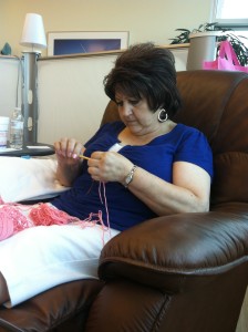 My mom crocheting during one of her chemo treatments.